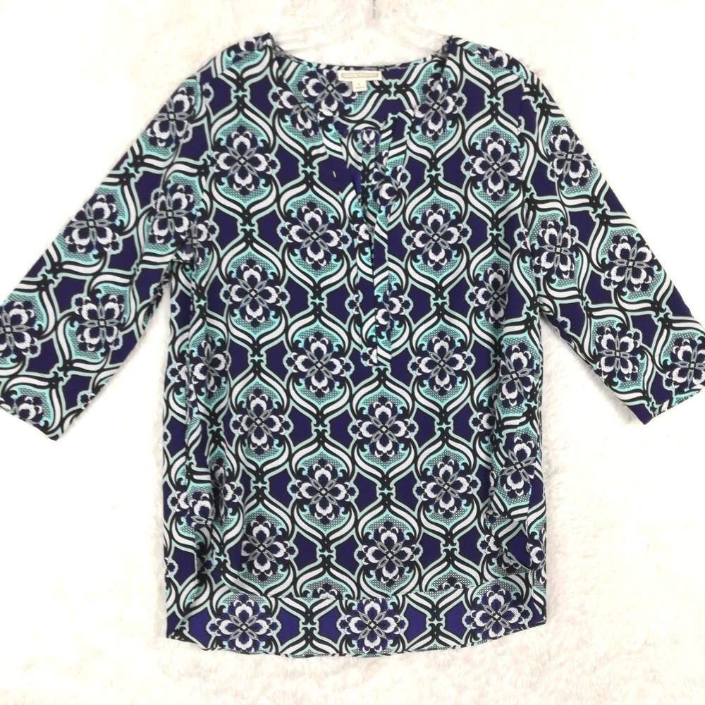 Dana Buchman Womens Top Blouse Tunic Blue White Floral V Neck 3/4 Sleeve L